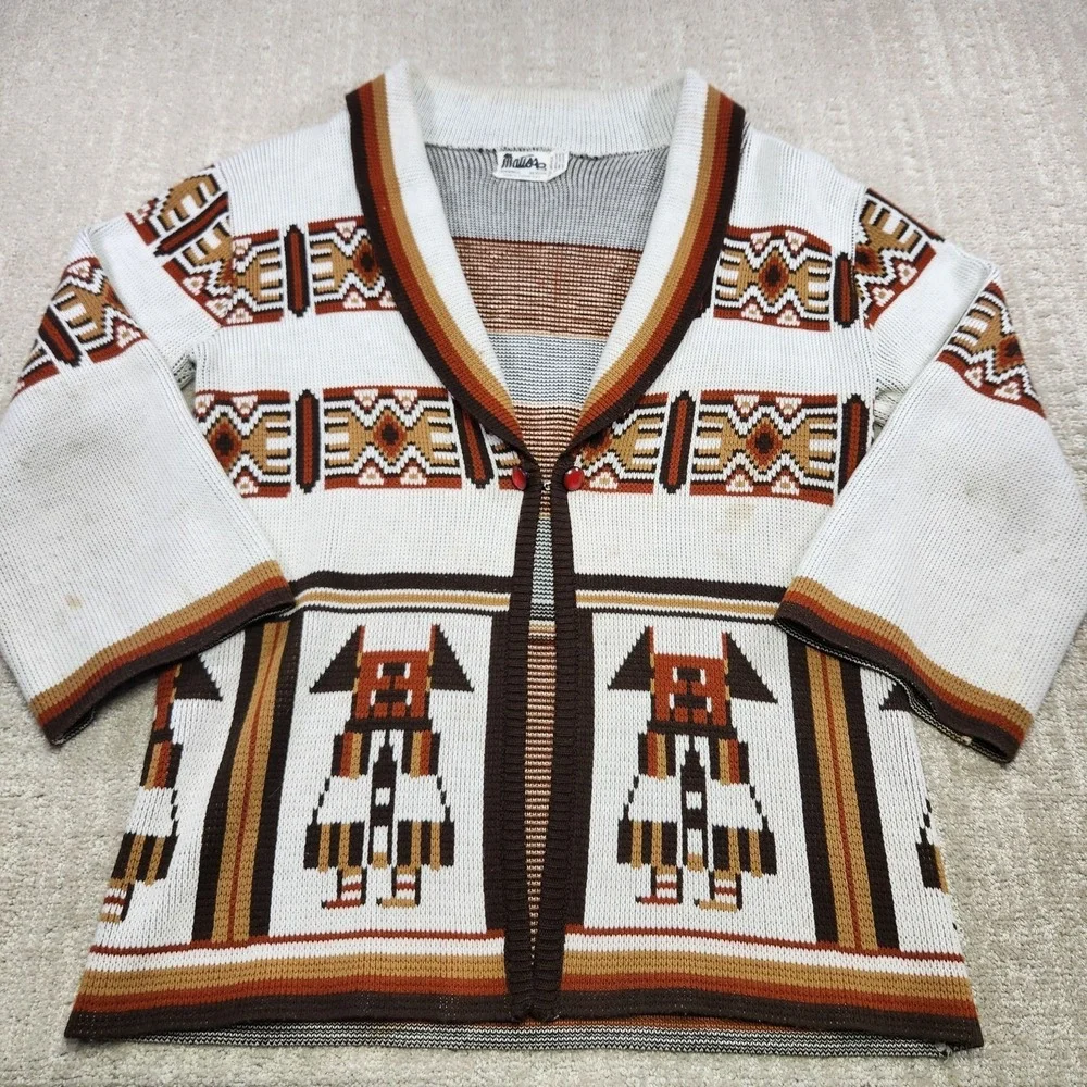 Vintage 70s‎ Aztec Cardigan Sweater Women Medium Shawl Collar Chunky Knit Navajo